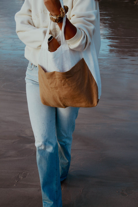 White linen Tote Bag with two brown bags in the front