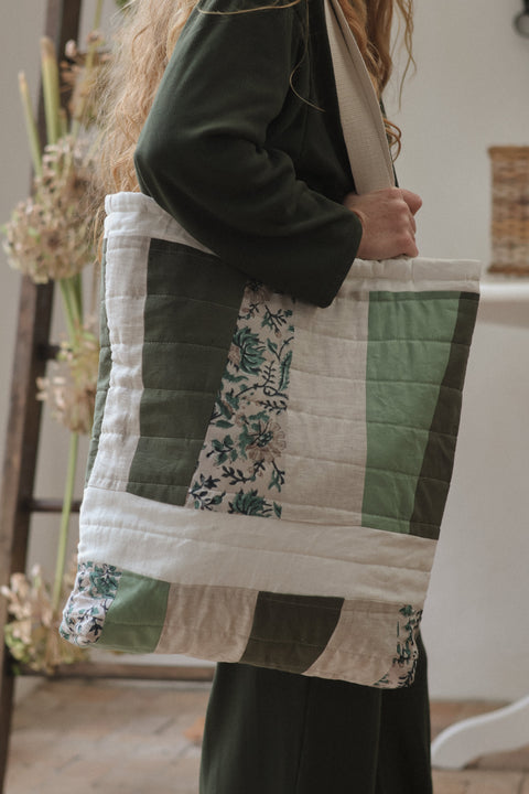 Patchwork Quilted Tote Olive Paisley