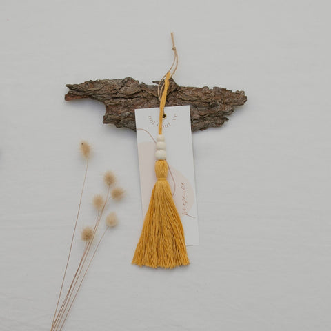 Mustard Tassel Ornament with "presence" card