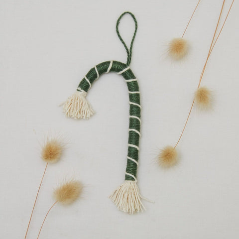 green macrame candy cane ornmanet